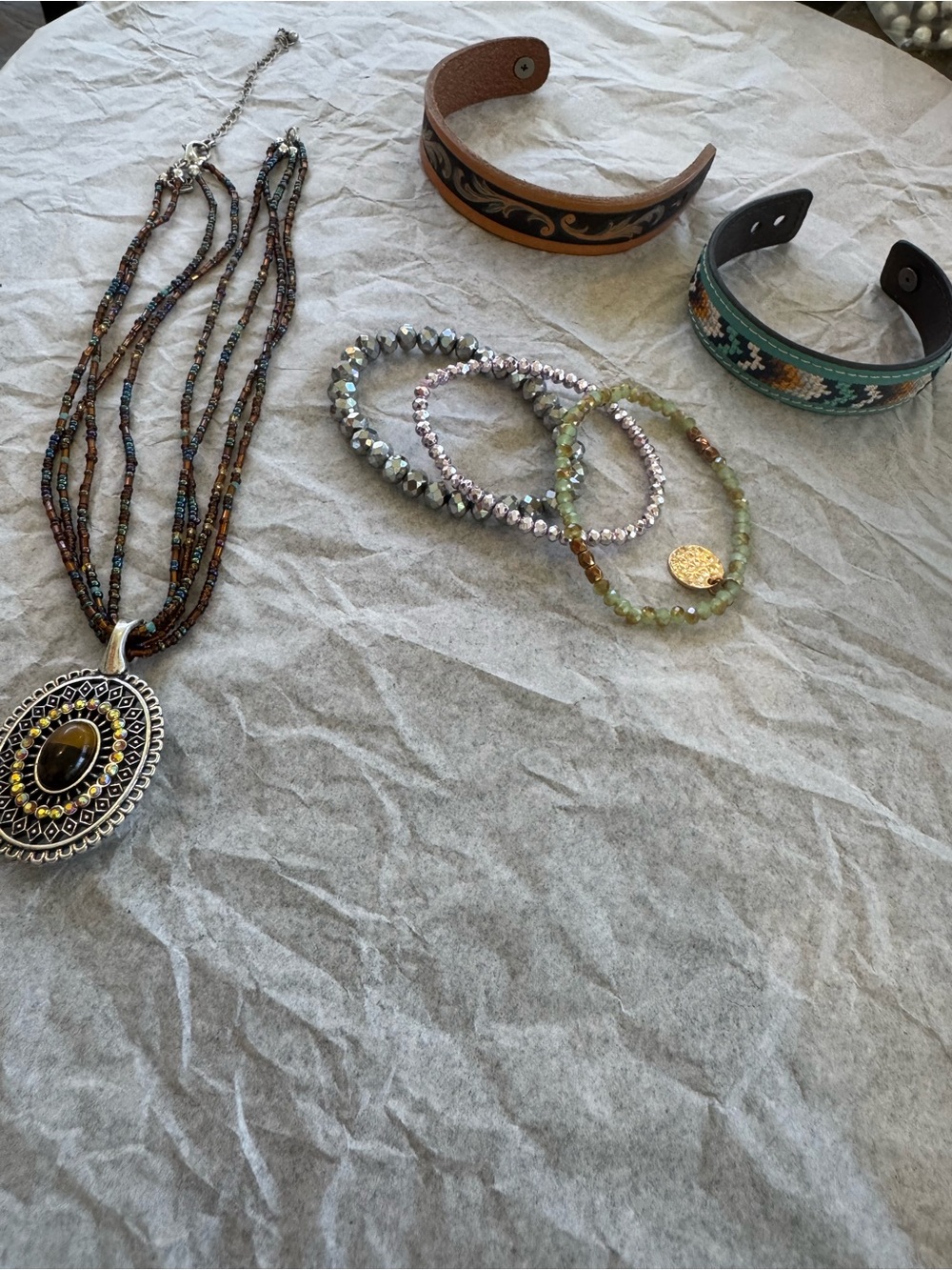 Bundle -Multi-Strand Brown Beaded Necklace with Oval Pendant - Unbranded